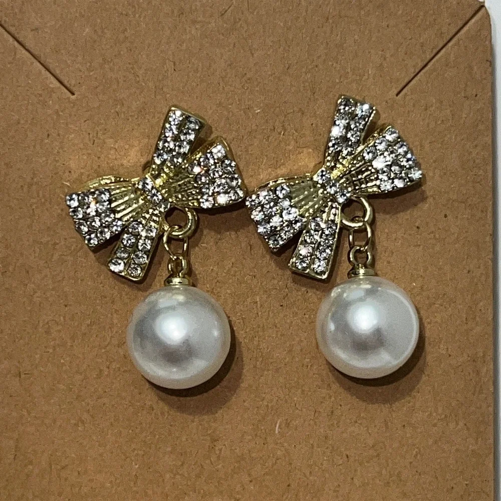 Gold Bow Pearl Drop Earrings Sparkling Rhinestone Dangle Jewelry Women‎